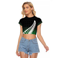 Green Silver Fern Spirit Taniko Tukutuku Personalised Raglan Cropped T Shirt LT9 Female Green - Polynesian Pride