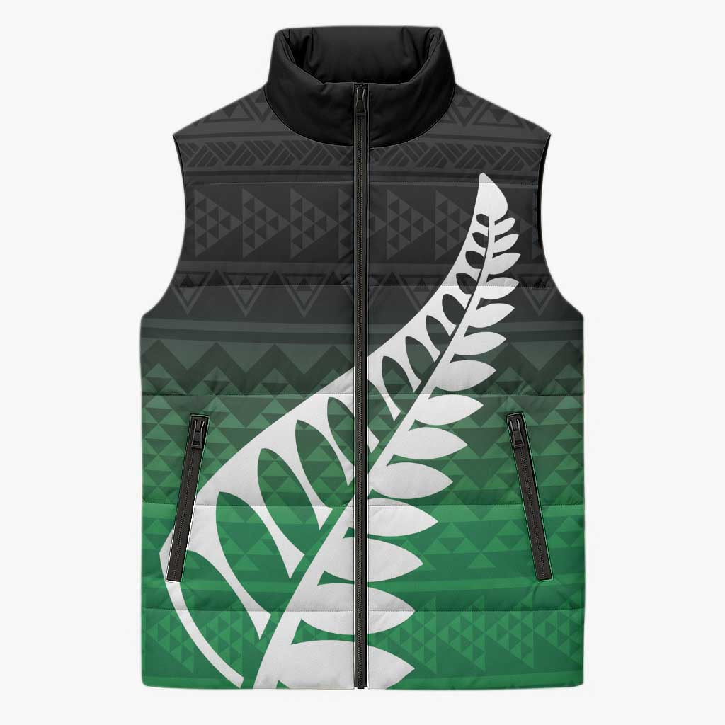 Green Silver Fern Spirit Taniko Tukutuku Personalised Sleeveless Puffer Jacket - Polynesian Pride