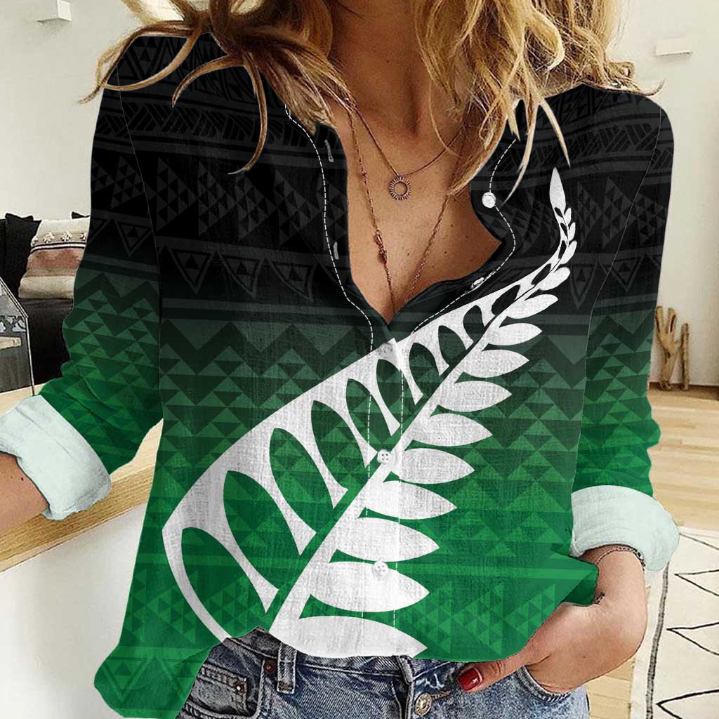 Green Silver Fern Spirit Taniko Tukutuku Personalised Women Casual Shirt LT9 Female Green - Polynesian Pride