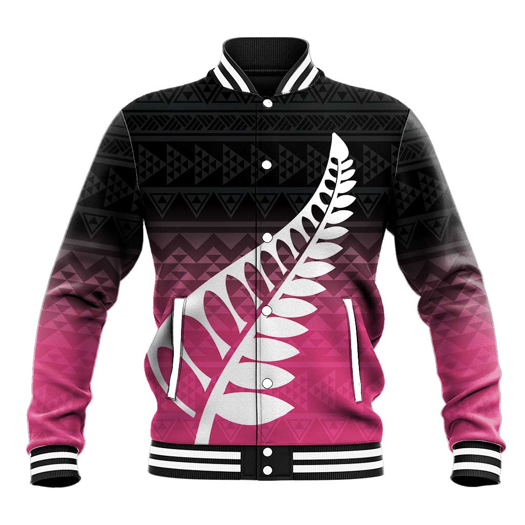 Pink Silver Fern Spirit Taniko Tukutuku Personalised Baseball Jacket LT9 Unisex Pink - Polynesian Pride