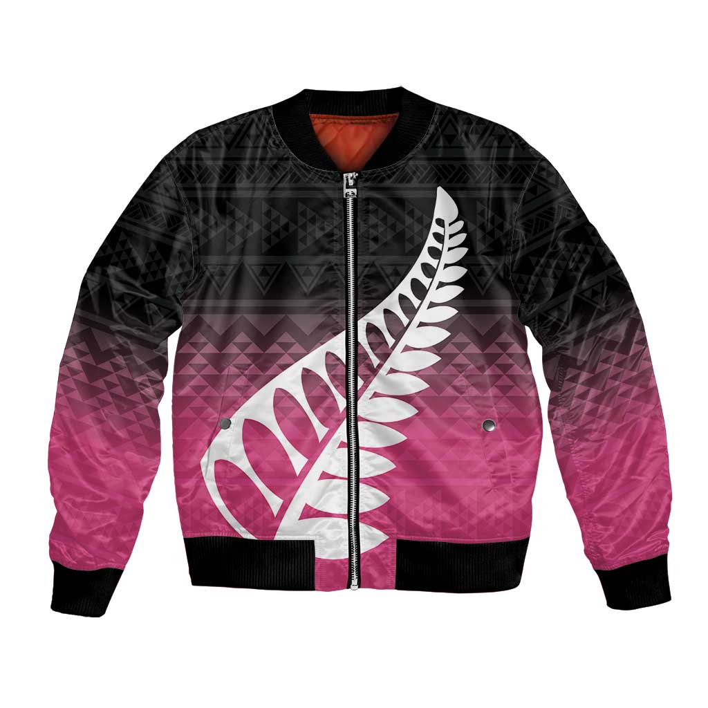 Pink Silver Fern Spirit Taniko Tukutuku Personalised Bomber Jacket LT9 Unisex Pink - Polynesian Pride