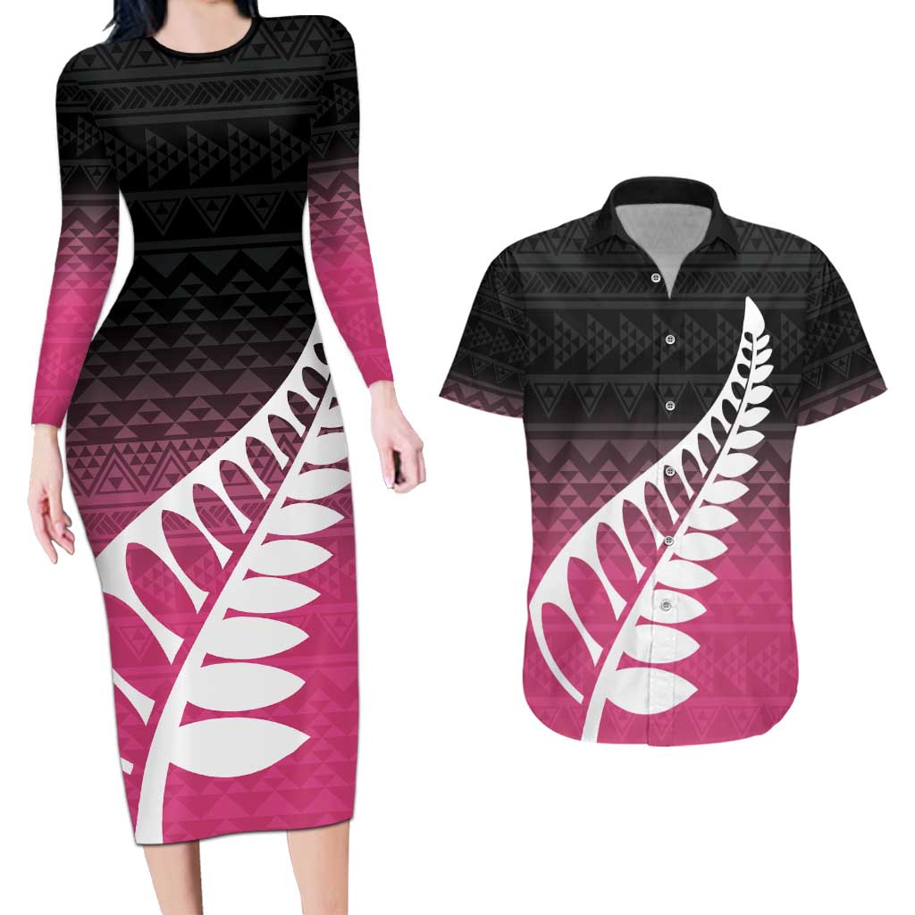 Pink Silver Fern Spirit Taniko Tukutuku Personalised Couples Matching Long Sleeve Bodycon Dress and Hawaiian Shirt LT9 Pink - Polynesian Pride