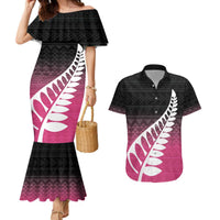 Pink Silver Fern Spirit Taniko Tukutuku Personalised Couples Matching Mermaid Dress and Hawaiian Shirt LT9 Pink - Polynesian Pride