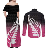 Pink Silver Fern Spirit Taniko Tukutuku Personalised Couples Matching Off Shoulder Maxi Dress and Long Sleeve Button Shirt LT9 - Polynesian Pride