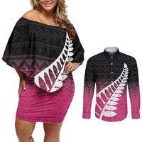 Pink Silver Fern Spirit Taniko Tukutuku Personalised Couples Matching Off Shoulder Short Dress and Long Sleeve Button Shirt LT9 Pink - Polynesian Pride