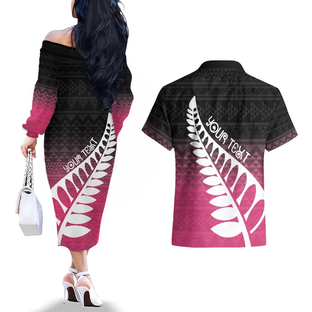 Pink Silver Fern Spirit Taniko Tukutuku Personalised Couples Matching Off The Shoulder Long Sleeve Dress and Hawaiian Shirt
