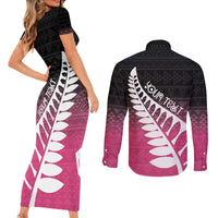 Pink Silver Fern Spirit Taniko Tukutuku Personalised Couples Matching Short Sleeve Bodycon Dress and Long Sleeve Button Shirt