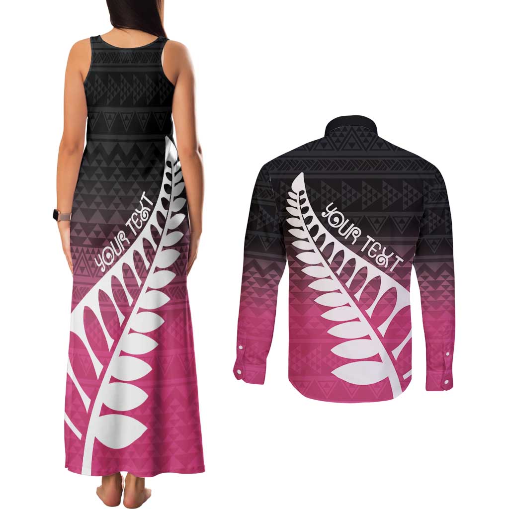 Pink Silver Fern Spirit Taniko Tukutuku Personalised Couples Matching Tank Maxi Dress and Long Sleeve Button Shirt LT9 - Polynesian Pride