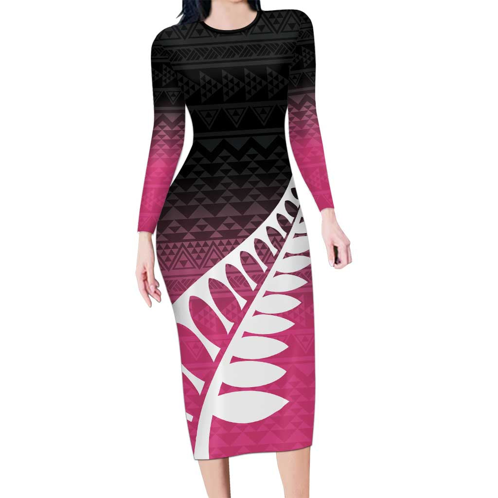 Pink Silver Fern Spirit Taniko Tukutuku Personalised Family Matching Long Sleeve Bodycon Dress and Hawaiian Shirt LT9 Mom's Dress Pink - Polynesian Pride