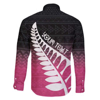 Pink Silver Fern Spirit Taniko Tukutuku Personalised Family Matching Off The Shoulder Long Sleeve Dress and Hawaiian Shirt