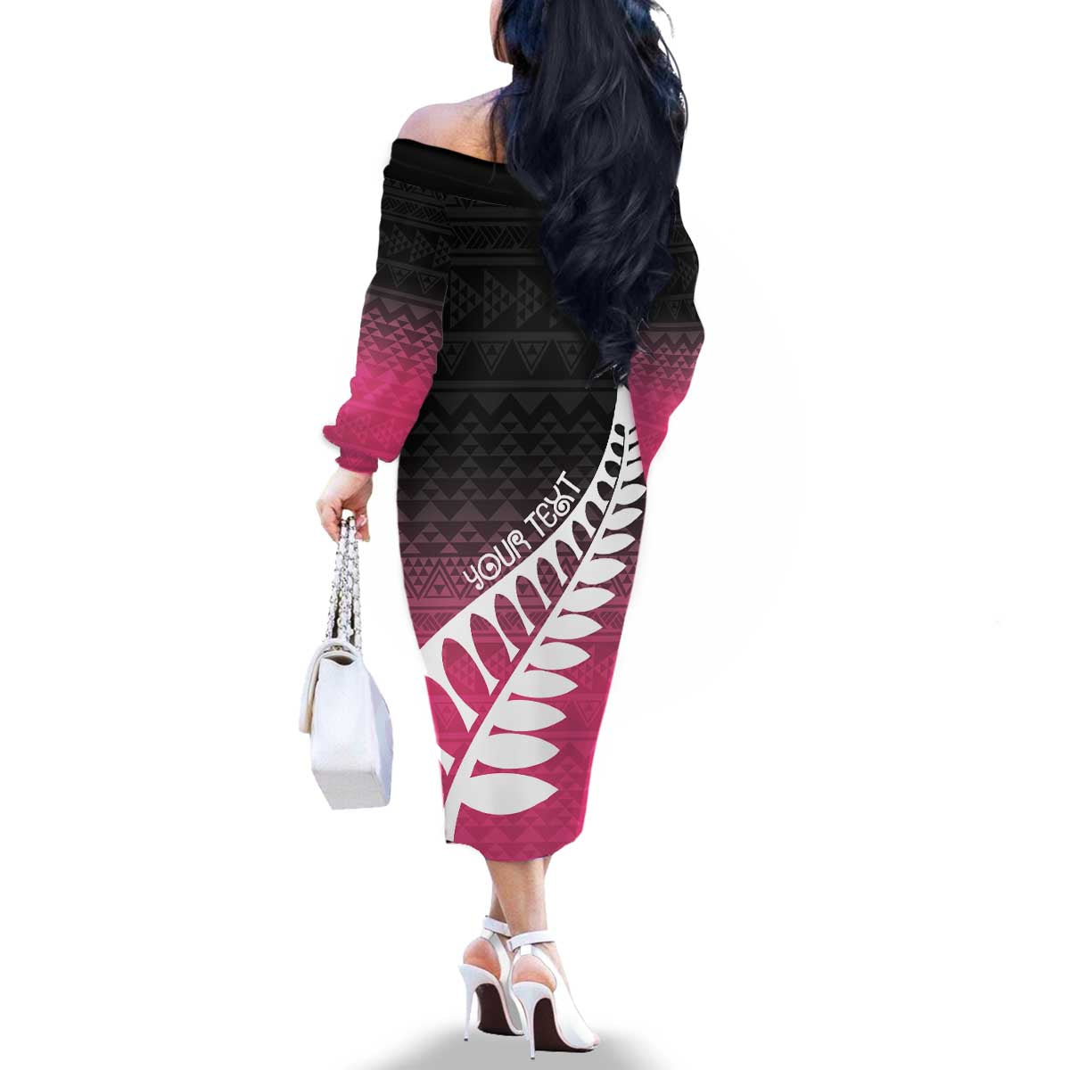 Pink Silver Fern Spirit Taniko Tukutuku Personalised Family Matching Off The Shoulder Long Sleeve Dress and Hawaiian Shirt