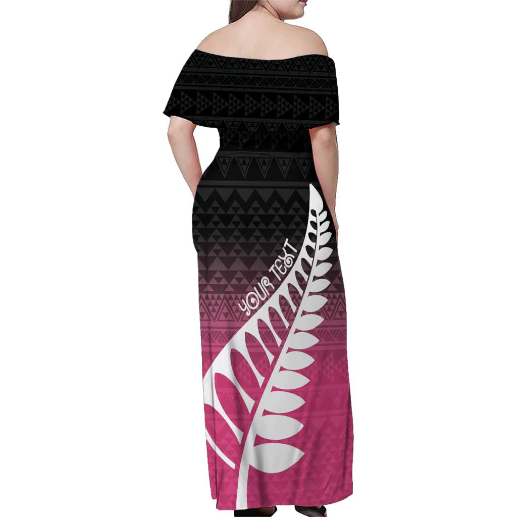 Pink Silver Fern Spirit Taniko Tukutuku Personalised Family Matching Off Shoulder Maxi Dress and Hawaiian Shirt