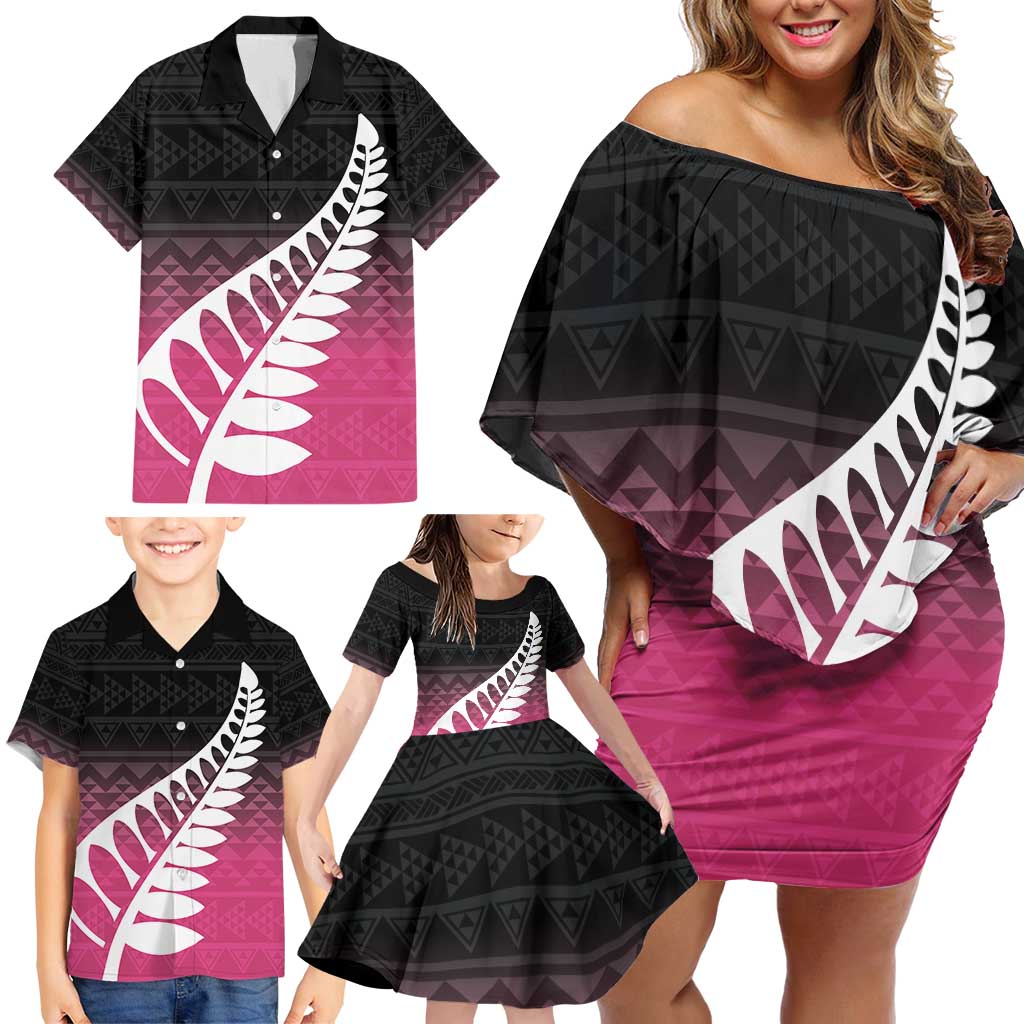 Pink Silver Fern Spirit Taniko Tukutuku Personalised Family Matching Off Shoulder Short Dress and Hawaiian Shirt