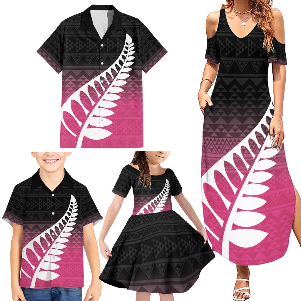 Pink Silver Fern Spirit Taniko Tukutuku Personalised Family Matching Summer Maxi Dress and Hawaiian Shirt LT9 - Polynesian Pride