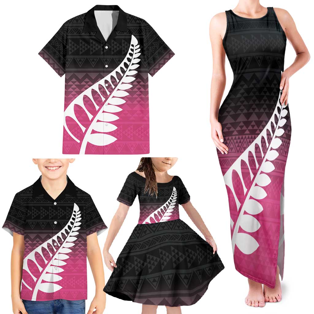 Pink Silver Fern Spirit Taniko Tukutuku Personalised Family Matching Tank Maxi Dress and Hawaiian Shirt LT9 - Polynesian Pride
