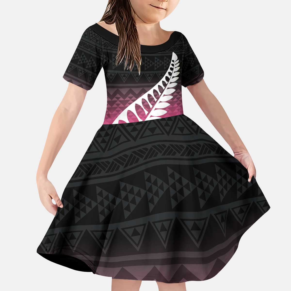 Pink Silver Fern Spirit Taniko Tukutuku Personalised Kid Short Sleeve Dress