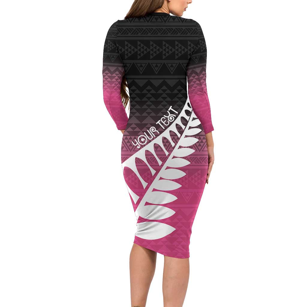 Pink Silver Fern Spirit Taniko Tukutuku Personalised Long Sleeve Bodycon Dress