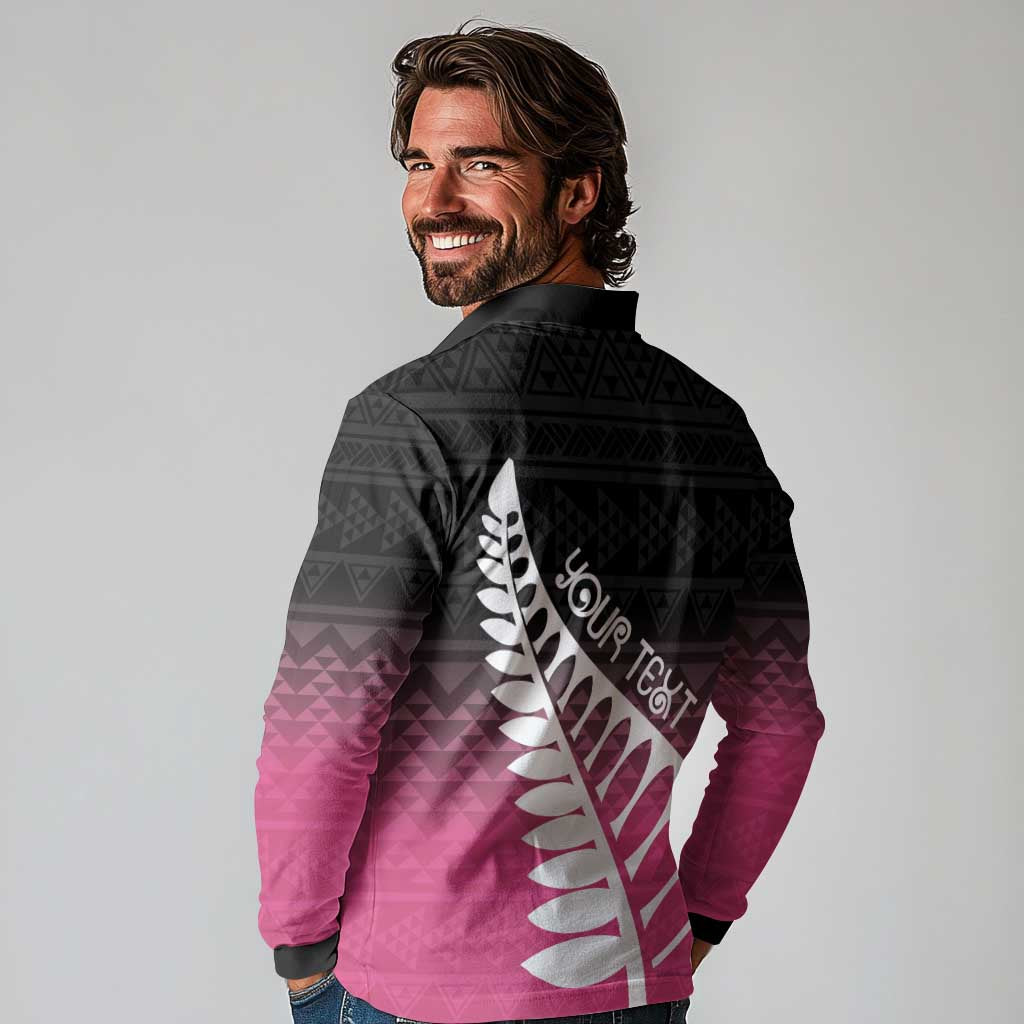 Pink Silver Fern Spirit Taniko Tukutuku Personalised Long Sleeve Polo Shirt LT9 - Polynesian Pride