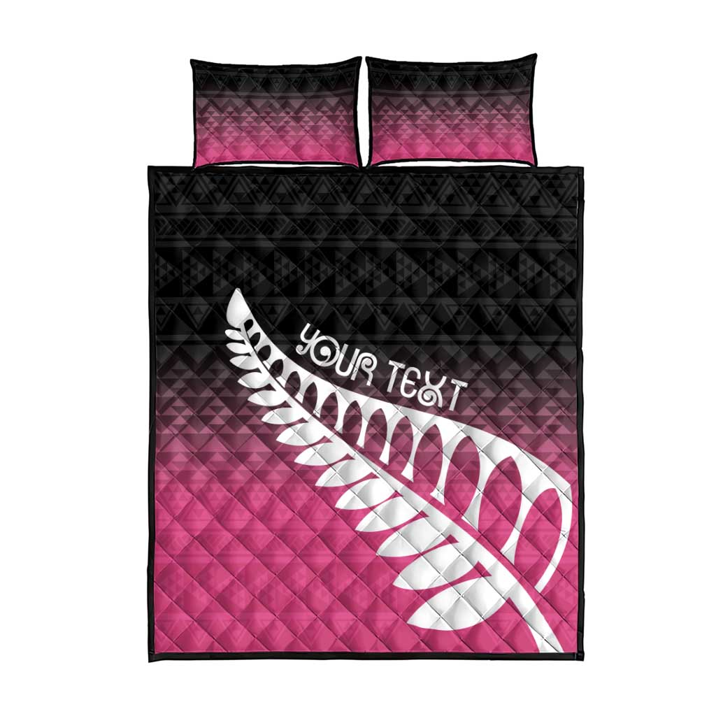 Pink Silver Fern Spirit Taniko Tukutuku Personalised Quilt Bed Set
