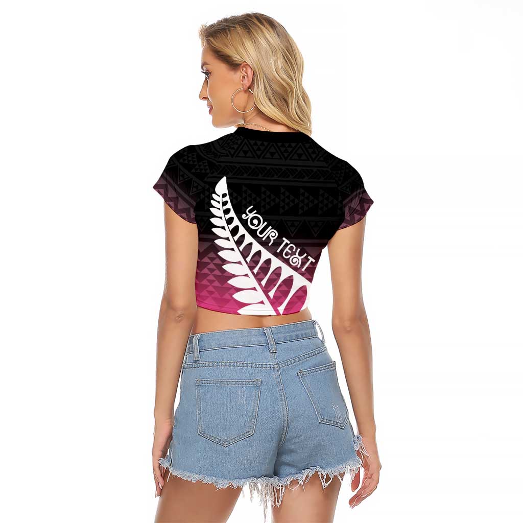 Pink Silver Fern Spirit Taniko Tukutuku Personalised Raglan Cropped T Shirt LT9 - Polynesian Pride