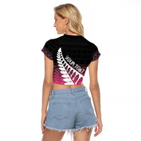 Pink Silver Fern Spirit Taniko Tukutuku Personalised Raglan Cropped T Shirt LT9 - Polynesian Pride