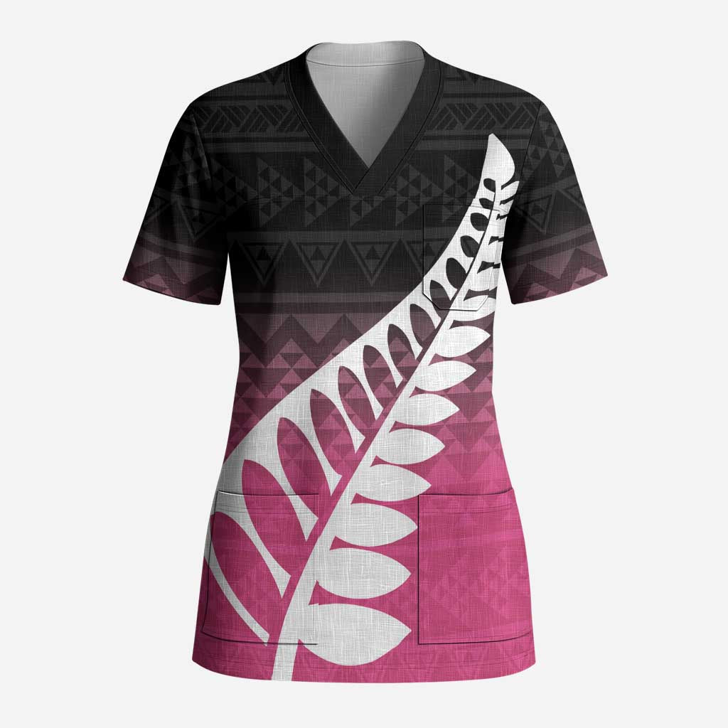 Pink Silver Fern Spirit Taniko Tukutuku Personalised Scrub Top - Polynesian Pride