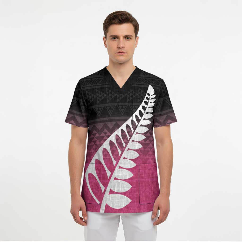 Pink Silver Fern Spirit Taniko Tukutuku Personalised Scrub Top - Polynesian Pride
