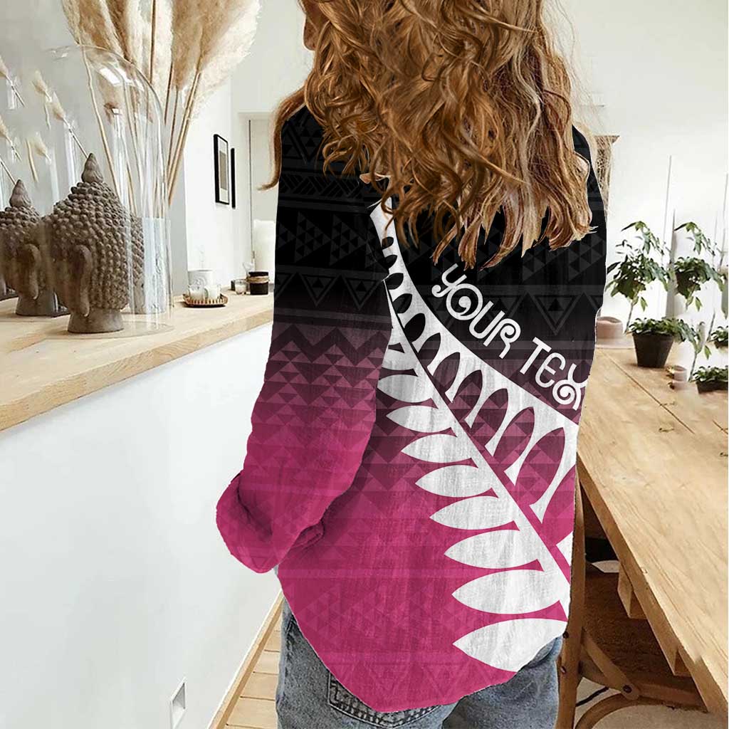 Pink Silver Fern Spirit Taniko Tukutuku Personalised Women Casual Shirt LT9 - Polynesian Pride