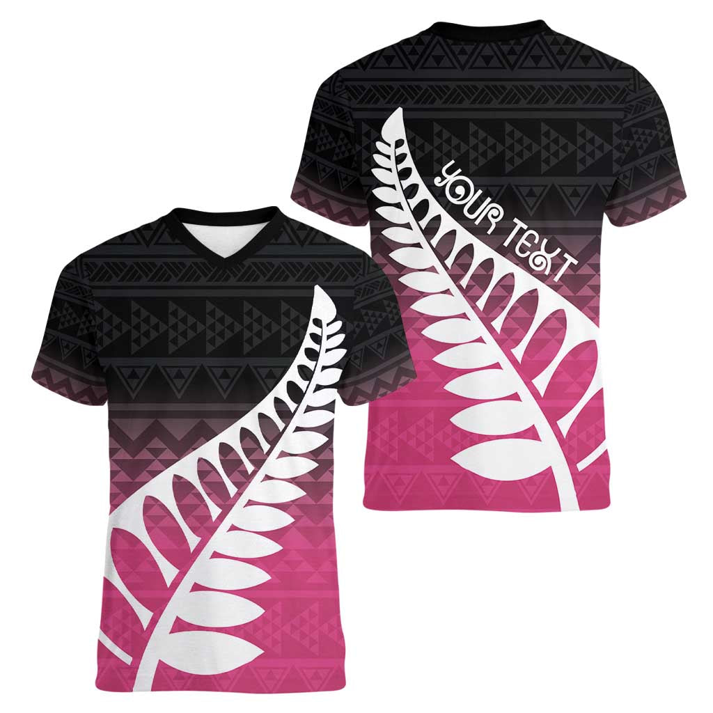 Pink Silver Fern Spirit Taniko Tukutuku Personalised Women V-Neck T-Shirt LT9 - Polynesian Pride
