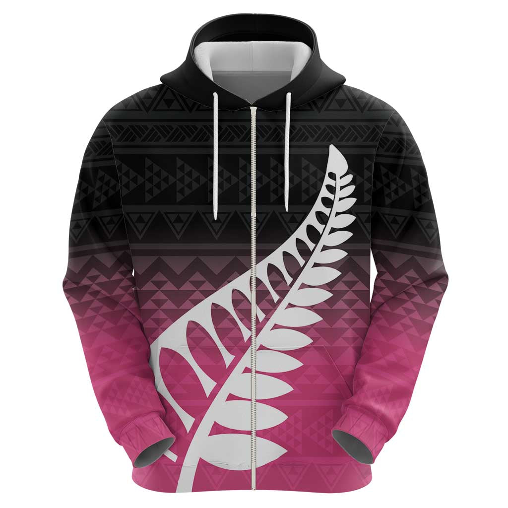 Pink Silver Fern Spirit Taniko Tukutuku Personalised Zip Hoodie