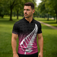 Pink Silver Fern Spirit Taniko Tukutuku Personalised Zipper Polo Shirt - Polynesian Pride