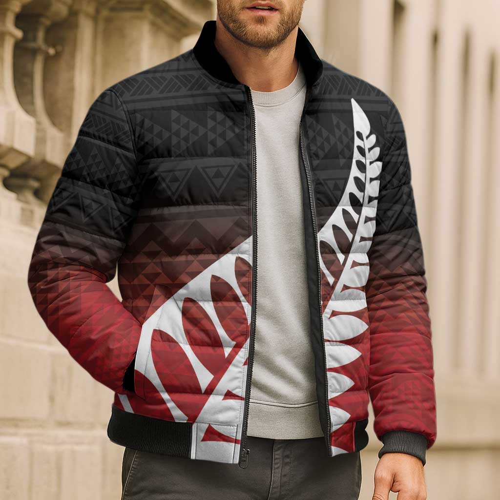 Red Silver Fern Spirit Taniko Tukutuku Personalised Bomber Puffer Jacket - Polynesian Pride