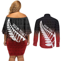 Red Silver Fern Spirit Taniko Tukutuku Personalised Couples Matching Off Shoulder Short Dress and Long Sleeve Button Shirt LT9 - Polynesian Pride