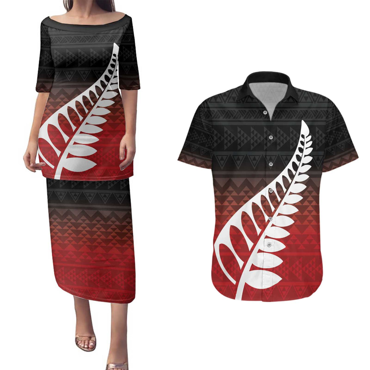Red Silver Fern Spirit Taniko Tukutuku Personalised Couples Matching Puletasi and Hawaiian Shirt LT9 Red - Polynesian Pride