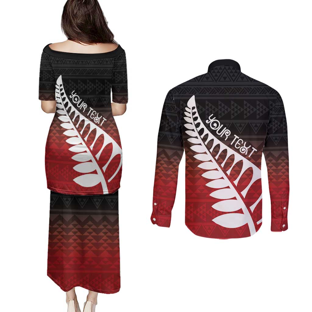 Red Silver Fern Spirit Taniko Tukutuku Personalised Couples Matching Puletasi and Long Sleeve Button Shirt