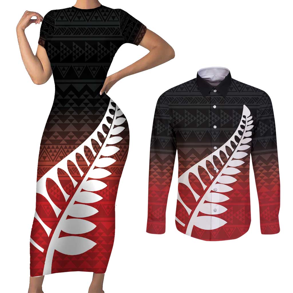 Red Silver Fern Spirit Taniko Tukutuku Personalised Couples Matching Short Sleeve Bodycon Dress and Long Sleeve Button Shirt