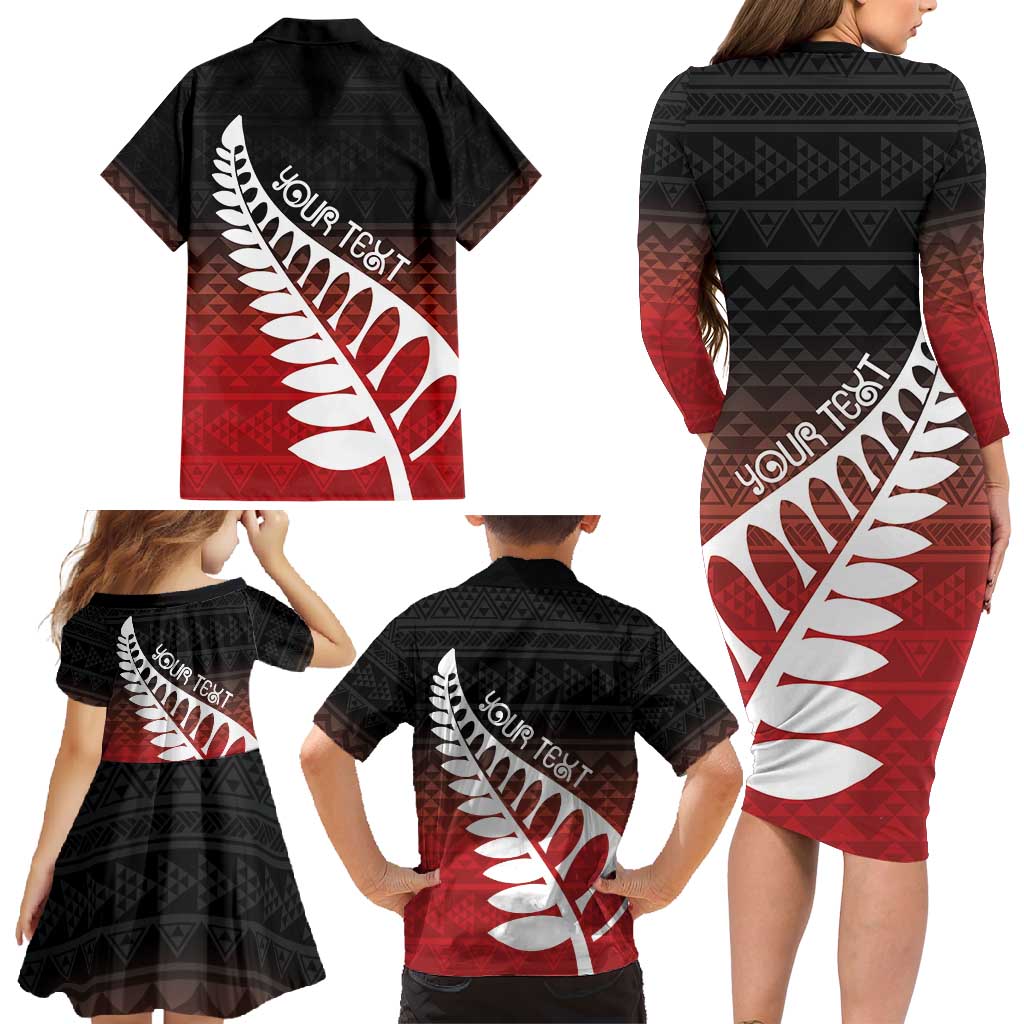 Red Silver Fern Spirit Taniko Tukutuku Personalised Family Matching Long Sleeve Bodycon Dress and Hawaiian Shirt LT9 - Polynesian Pride