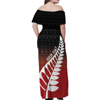 Red Silver Fern Spirit Taniko Tukutuku Personalised Family Matching Off Shoulder Maxi Dress and Hawaiian Shirt