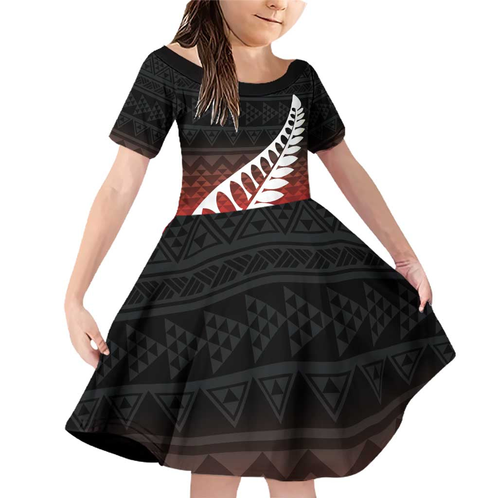 Red Silver Fern Spirit Taniko Tukutuku Personalised Family Matching Off Shoulder Short Dress and Hawaiian Shirt