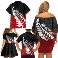 Red Silver Fern Spirit Taniko Tukutuku Personalised Family Matching Off Shoulder Short Dress and Hawaiian Shirt