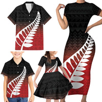 Red Silver Fern Spirit Taniko Tukutuku Personalised Family Matching Short Sleeve Bodycon Dress and Hawaiian Shirt LT9 - Polynesian Pride