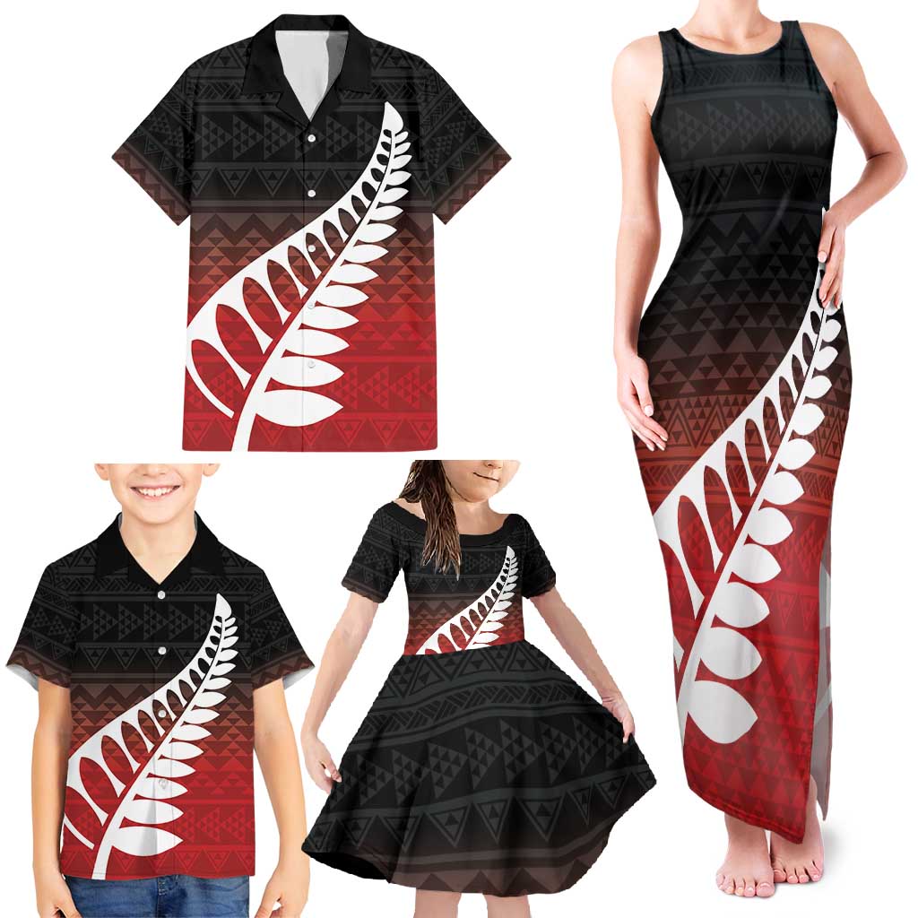 Red Silver Fern Spirit Taniko Tukutuku Personalised Family Matching Tank Maxi Dress and Hawaiian Shirt LT9 - Polynesian Pride
