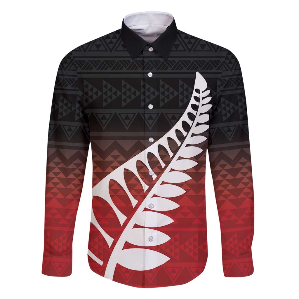 Red Silver Fern Spirit Taniko Tukutuku Personalised Family Matching Tank Maxi Dress and Hawaiian Shirt LT9 Dad's Shirt - Long Sleeve Red - Polynesian Pride