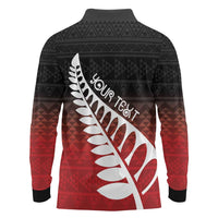 Red Silver Fern Spirit Taniko Tukutuku Personalised Long Sleeve Polo Shirt LT9 - Polynesian Pride