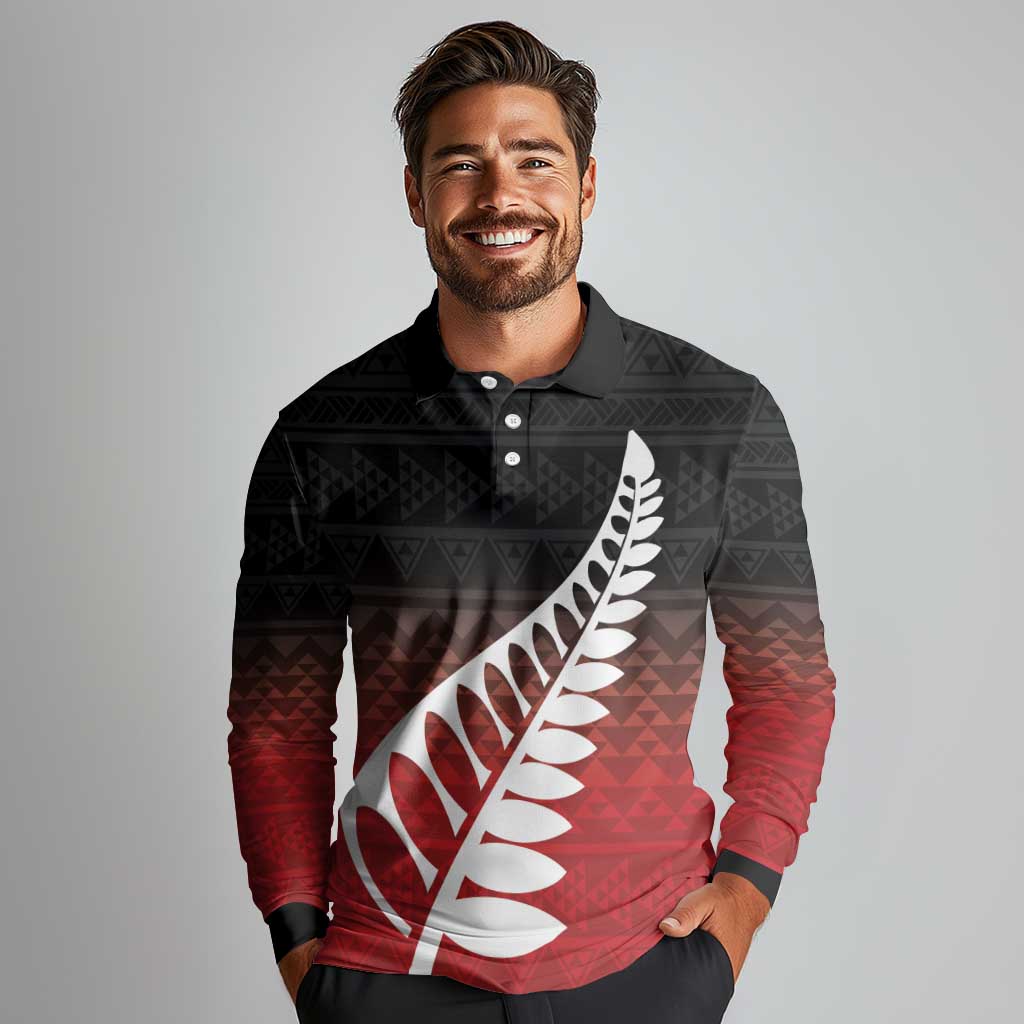 Red Silver Fern Spirit Taniko Tukutuku Personalised Long Sleeve Polo Shirt LT9 - Polynesian Pride