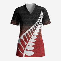 Red Silver Fern Spirit Taniko Tukutuku Personalised Scrub Top - Polynesian Pride