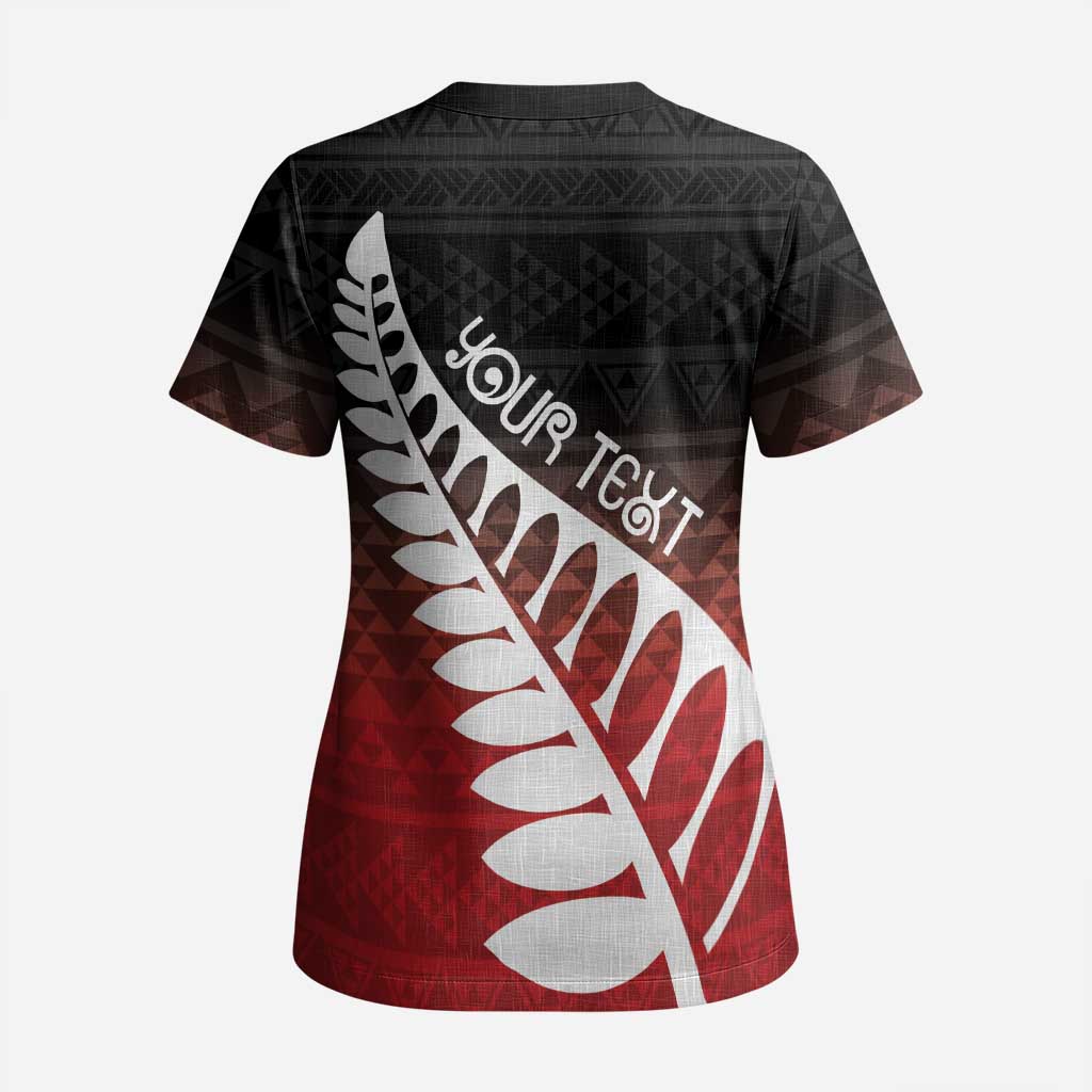 Red Silver Fern Spirit Taniko Tukutuku Personalised Scrub Top - Polynesian Pride