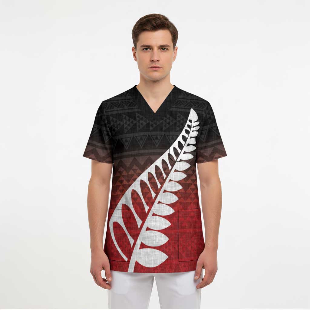 Red Silver Fern Spirit Taniko Tukutuku Personalised Scrub Top - Polynesian Pride