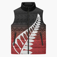 Red Silver Fern Spirit Taniko Tukutuku Personalised Sleeveless Puffer Jacket - Polynesian Pride