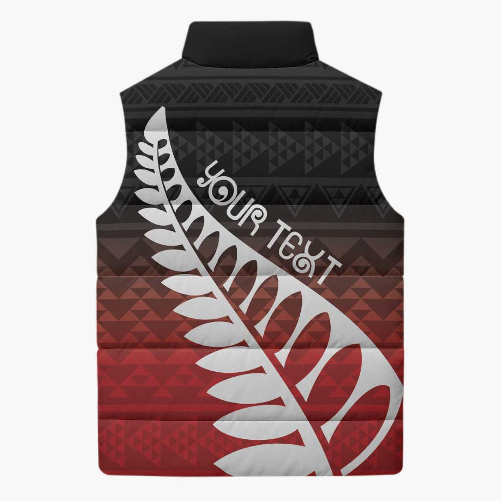 Red Silver Fern Spirit Taniko Tukutuku Personalised Sleeveless Puffer Jacket - Polynesian Pride